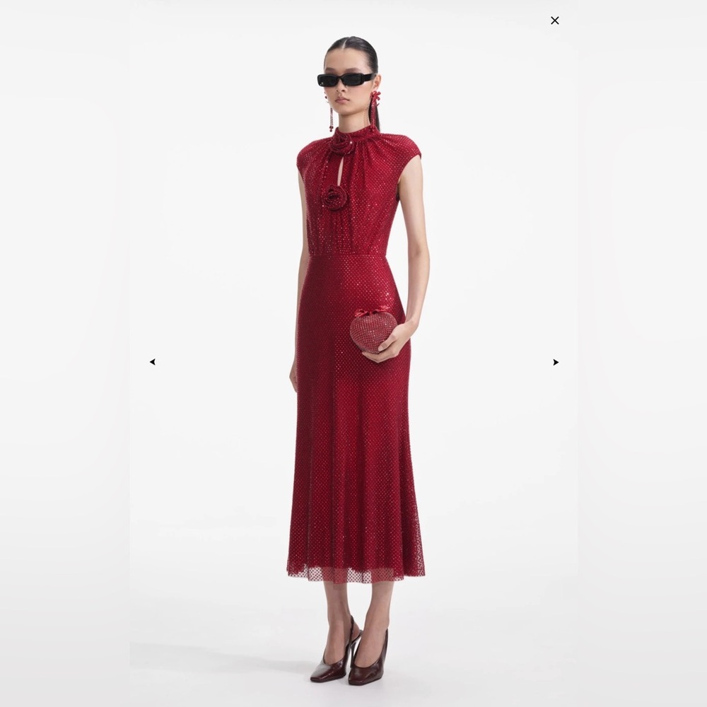 Self-Portrait Red Rhinestone Fishnet Midi Dress - Picture 4 of 10